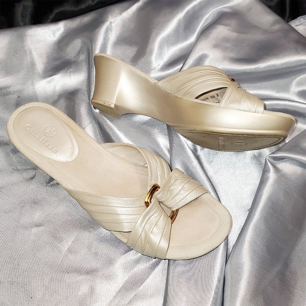 COLE HAAN pearl light  champaign gold wedge slide heels in box JINNY SZ 6.5
